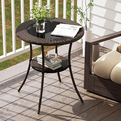Giantex Round Rattan Wicker Outdoor Coffee Table Glass Top Steel Frame Patio Furniture W/Lower Shelf (Round)