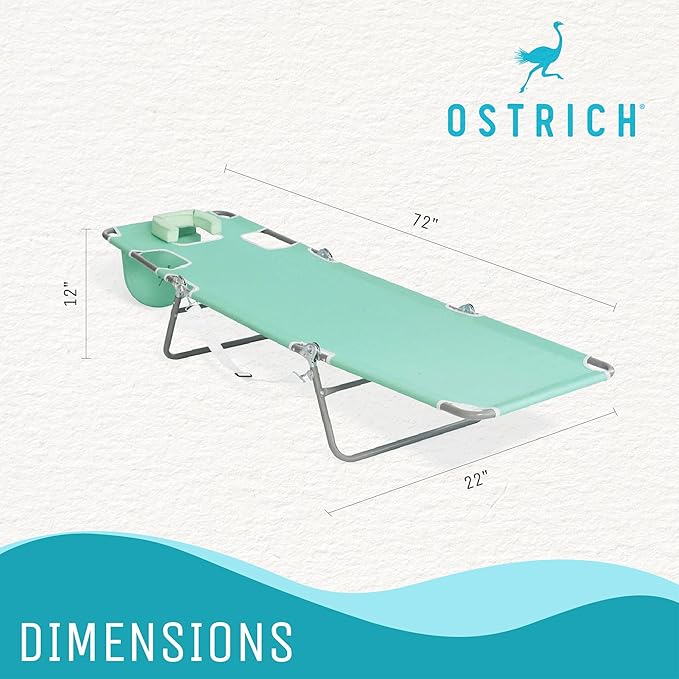 Ostrich Chaise Lounge Outdoor Portable Folding 4 Position Recliner Chair for Beach, Patio, Camp, and Pool with Carrying Strap, Teal (2 Pack)