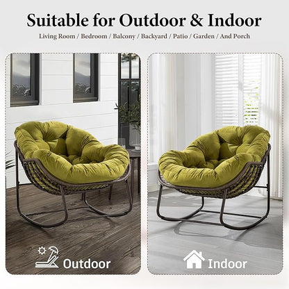 Large Indoor Outdoor Rocking Chair, Oversized Rocking Papasan Chair with Thick Cushion and Frame Outdoor Rocker, Comfy Wicker Egg Chairs Lounge for Outside Porch Patio Backyard (Olive Green, Set of 2)