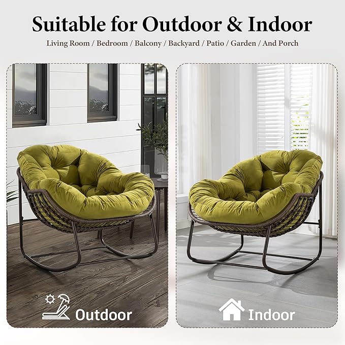 Large Indoor Outdoor Rocking Chair, Oversized Rocking Papasan Chair with Thick Cushion and Frame Outdoor Rocker, Comfy Wicker Egg Chairs Lounge for Outside Porch Patio Backyard Balcony (Olive Green)