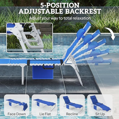 Outsunny Tanning Chair Set of 2 with Face Hole, Side Table, 5-Position Reclining Folding Chaise Lounge Chair Outdoor Lounger Recliner, Carry Straps for Beach Pool Camp, Breathable Mesh, Navy Blue