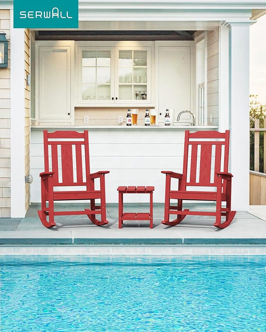 SERWALL Oversized Rocking Chair, HDPE Outdoor Rocking Chairs Set of 2, Patio Rocking Chair Sets for Adults, Red