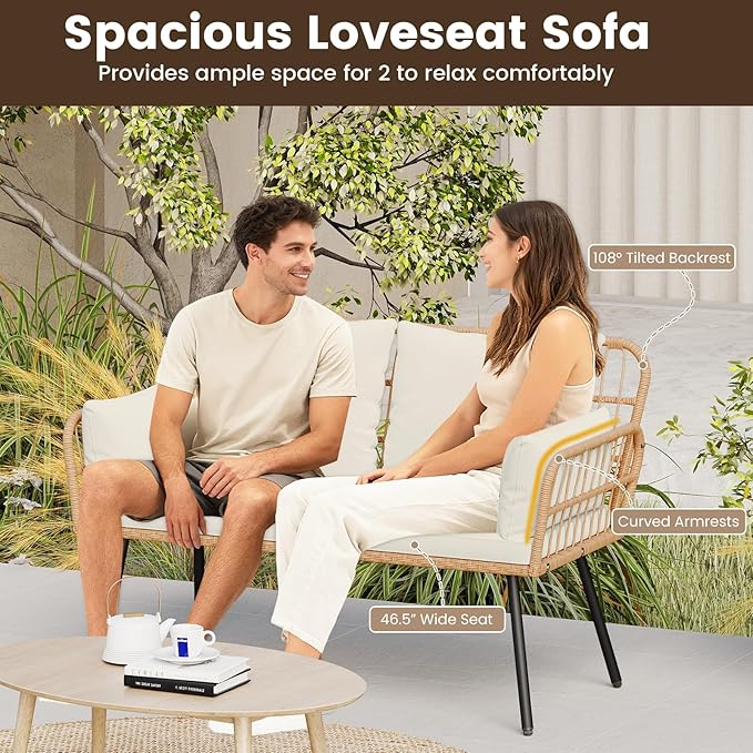 HAPPYGRILL Patio Loveseat Sofa Rattan Wicker 2-Seater Couch with Cushions & Lumbar Pillows, Metal Legs, Outdoor Furniture for Balcony, Porch, Deck (Off White)