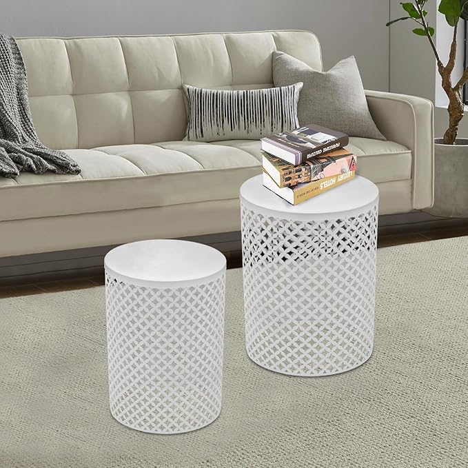 2PCS Outdoor Side Table, Heavy Duty Metal Frame Side Table Decorative Garden Stool Modern End Table Round Coffee Table - Photo 4