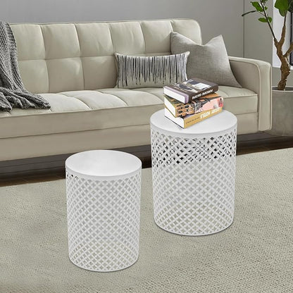 2PCS Outdoor Side Table, Heavy Duty Metal Frame Side Table Decorative Garden Stool Modern End Table Round Coffee Table for Patio Gardens Balconies Cafes (White)