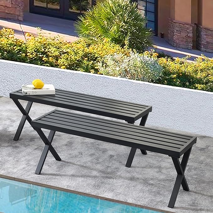 Black Outdoor Bench Set of 2, 46" Outdoor Metal Backless Bench for Outdoor, Patio Garden Bench, All Wheather Outdoor Bench with cors for Garden, Backyard, Porch, Black
