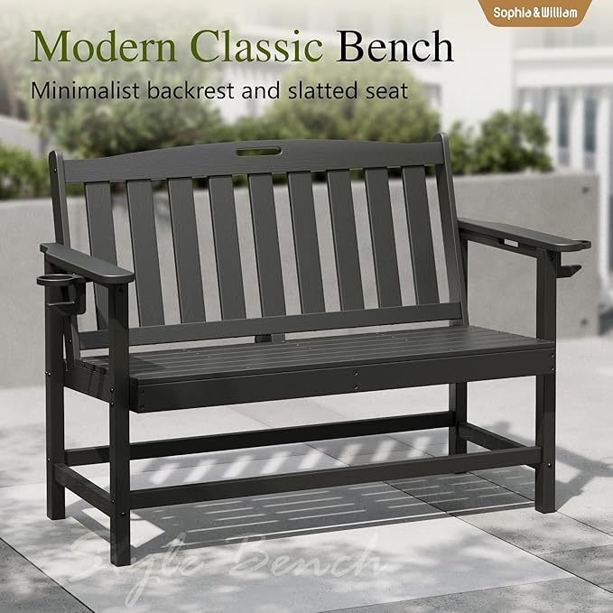 Sophia & William HDPE Outdoor Bench Weatherproof, 2-Person Garden Bench with Cup Holders, 700 lbs Capacity, Patio Benches for Porch, Garden, Backyard and Park, Black