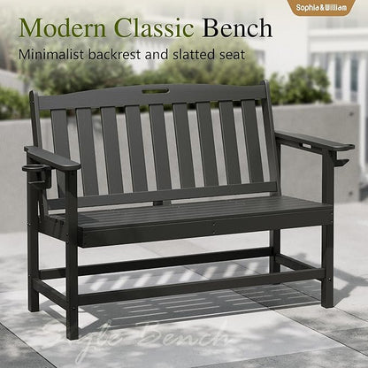 Sophia & William HDPE Outdoor Bench Weatherproof, 2-Person Garden Bench with Cup Holders, 700 lbs Capacity, Patio Benches for Porch, Garden, Backyard and Park, Black