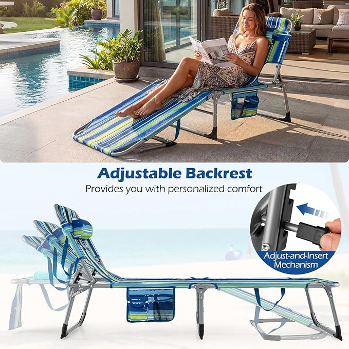 GYMAX Tanning Chair with Face Hole, Sun Bathing Lounge Chairs for Outside with Side Pocket, Folding Portable Face Down Layout Tanning Chair Beach, Backyard, Poolside, Lawn (Blue Stripe,2)