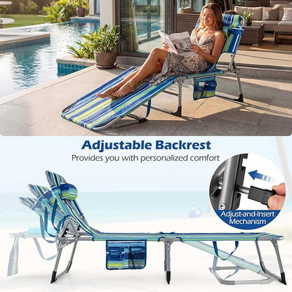 GYMAX Tanning Chair with Face Hole, Sun Bathing Lounge Chairs for Outside with Side Pocket, Folding Portable Face Down Layout Tanning Chair Beach, Backyard, Poolside, Lawn (Blue Stripe,2)