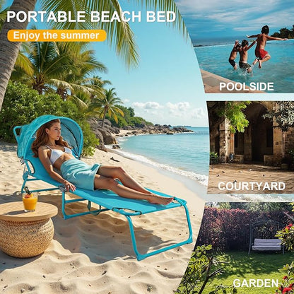 Colorsoul Tanning Chair with Sun Canopy,Adjustable 4-Position Beach Lounge Chair for Adults,Heavy Duty Folding Outdoor Lounge Chair,for Patio Poolside Sunbathing,UPF 50+,300 LBS,Blue