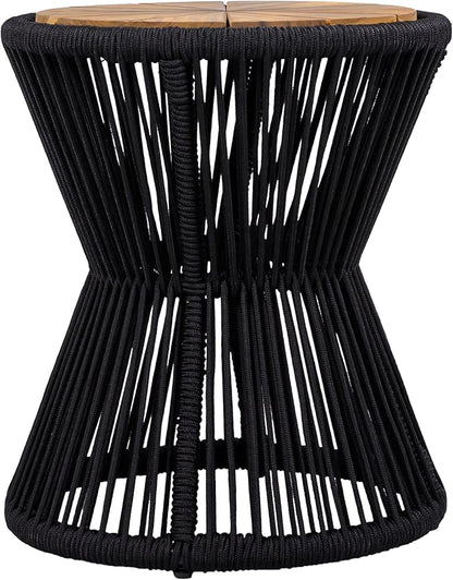 Merax Bohemian Round Outdoor Side Table Set of 2, 2 Pieces Patio Side Tables with Acacia Wood Top and Black Handwoven Rope Base, for Garden, Pool, Balcony, Yard, Elegant Hourglass Design, No Assembly