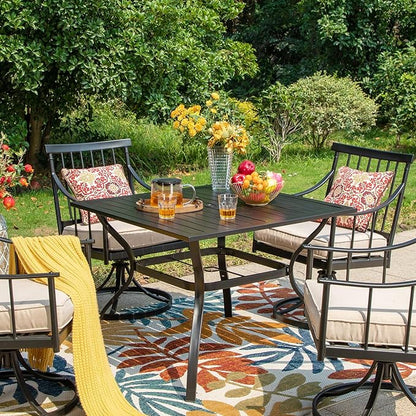 PHI VILLA 37" Patio Table for 4, Metal Outdoor Dining Table with E-Coating, Square Steel Slated Outdoor Table with 1.57" Umbrella Hole for Garden Backyard, Black