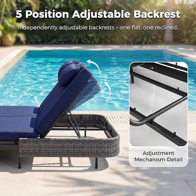 NICESOUL Double Chaise Lounge Outdoor, 51.2" Wide 2-Person Daybed with Independent Recline - Photo 5
