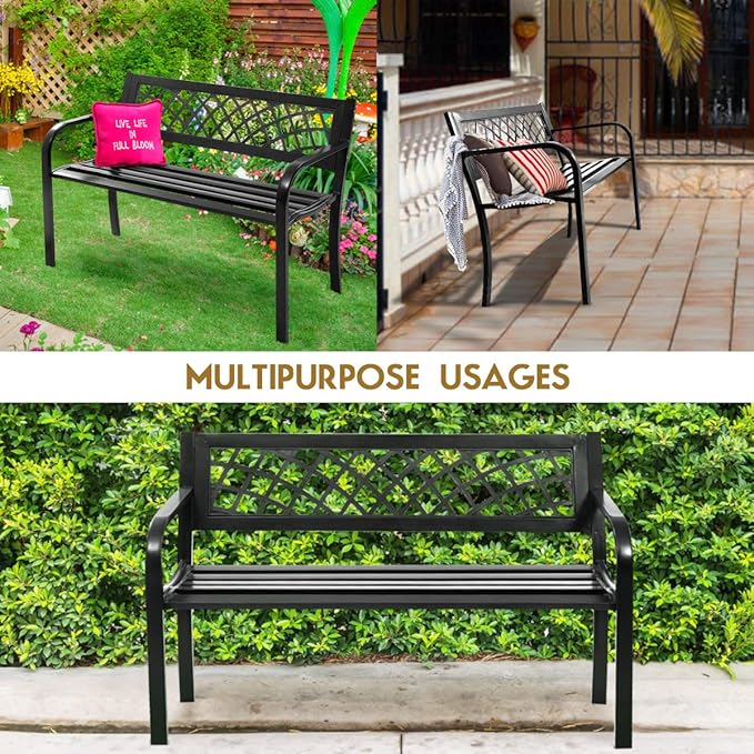 Giantex Outdoor Bench, Garden Bench with Iron Steel Frame, PVC Backrest, Mesh Pattern, Ergonomic Armrests, 500 lbs Metal Outside Bench for Patio Park Porch Lawn Yard Balcony Path Entryway Deck