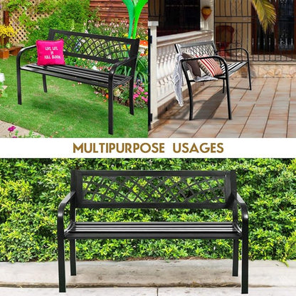 Giantex Outdoor Bench, Garden Bench with Iron Steel Frame, PVC Backrest, Mesh Pattern, Ergonomic Armrests, 500 lbs Metal Outside Bench for Patio Park Porch Lawn Yard Balcony Path Entryway Deck