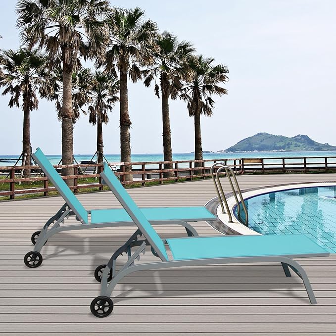Domi Chaise Lounge Outdoor Set of 2, Lounge Chairs for Outside with Wheels, Outdoor Chaise Lounge with 5 Adjustable Position, Pool Lounge Chairs for Patio, Yard, Deck, Poolside, Turquoise Blue