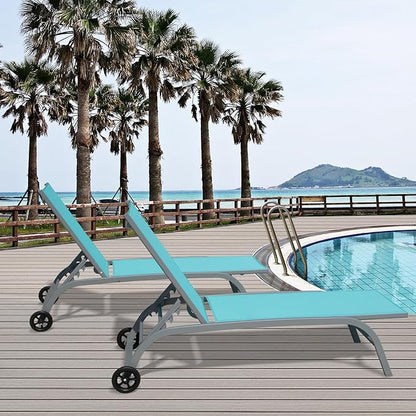 Domi Chaise Lounge Outdoor Set of 2, Lounge Chairs for Outside with Wheels, Outdoor Chaise Lounge with 5 Adjustable Position, Pool Lounge Chairs for Patio, Yard, Deck, Poolside, Turquoise Blue