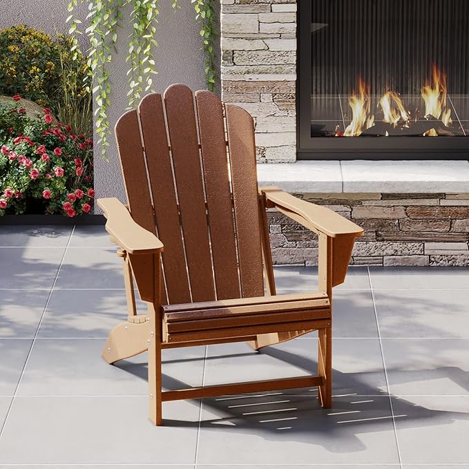 Costaelm Lakeview Outdoor Patio HDPE Adirondack Chair with Cup Holder, Teak