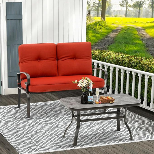 Oakcloud Outdoor 2 Pcs Patio Loveseat Bench Metal Frame Furniture Set with Thick Cushions and Coffee Table, Wrought Iron Look (Red)
