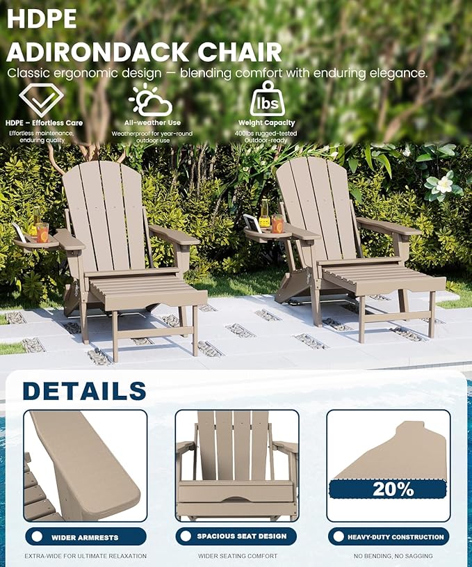 FOOWIN Folding Adjustable Adirondack Chair with Retractable Ottoman Set of 2, HDPE Adirondack Chair w/4 in 1 Cup Holder Trays,All-Weather Resistant Fire Pit Chair for Outdoor Patio Lawn, Brown