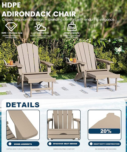 FOOWIN Folding Adjustable Adirondack Chair with Retractable Ottoman, HDPE Adirondack Chair w/4 in 1 Cup Holder Trays,All-Weather Resistant Fire Pit Chair for Outdoor Patio Lawn, Brown