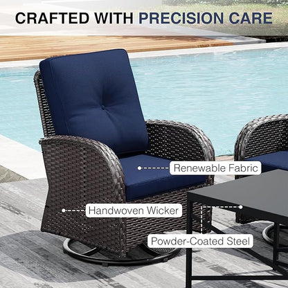 Joyside Outdoor Swivel Rocker Chairs, 3 Piece Wicker Patio Set with Thickened Cushions, High Back, Deep Seating, Wide Armrest, Outdoor Swivel Chairs for Porch, Deck