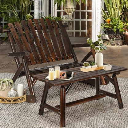 HOMEDIARY Outdoor Wood Rocking Bench Set, Patio Bistro Set-2 Person Rustic Adirondack Log Rocker with Side Table, Slatted Seat/High Backrest, Patio Rocking Furniture Set for Garden, Carbonized