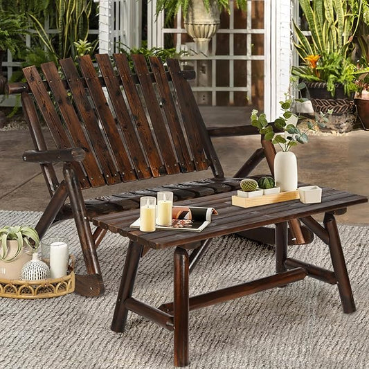 HOMEDIARY Outdoor Wood Rocking Bench Set, Patio Bistro Set-2 Person Rustic Adirondack Log Rocker with Side Table, Slatted Seat/High Backrest, Patio Rocking Furniture Set for Garden, Carbonized