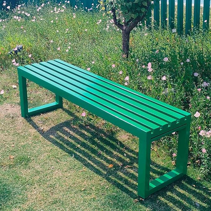 Outdoor Metal Backless Bench 3.3/3.9/4.9/5.9ft Weatherproof Heavy Duty Patio Benches Porch Seating 2-Person Dining Benches Garden Metal Bench Multifunctional Slat Furniture Chair(Green,3.9ft)