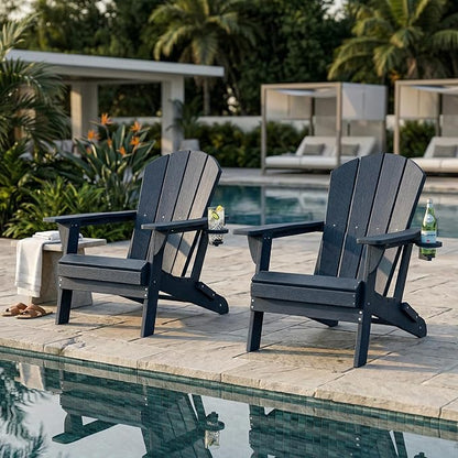 Kingdura Folding Adirondack Chairs Set of 2, Portable HDPE All Weather Resistant Outdoor Patio Chair, Wooden Textured with Cup Holder, 380LBS Capacity for Poolside, Backyard, Fire Pit (Navy Blue)