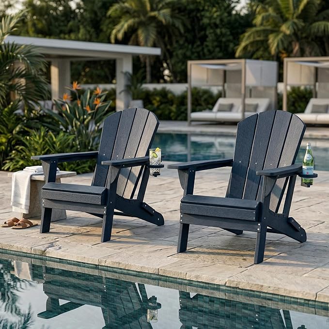 Kingdura Folding Adirondack Chairs Set of 2, Portable HDPE Outdoor Patio Chair with Wooden Textured & Cup Holder, Weather Resistant, 380LBS Capacity for Pool, Backyard, Balcony, Fire Pit (Navy Blue)