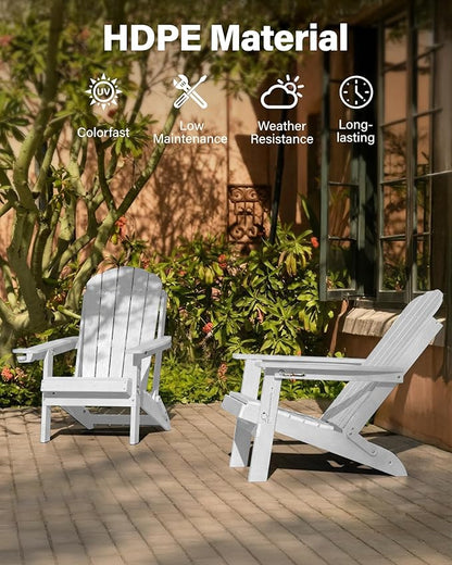 YEFU Adirondack Chair Set of 2 for Outdoor: Folding Plastic Composite Chair with Cup Holder for Patio - All-Weather Foldable Adjustable HDPE Fire Pit Adirondack Chairs - Easy Assembly