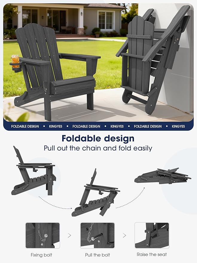 KINGYES Folding Adirondack Chair, HDPE All-Weather Patio Chairs with Cup Holder, Wooden Textured Fire Pit Chairs for Poolside, Backyard, Deck, Grey