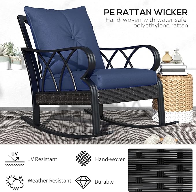 Outsunny 2 Piece Outdoor Wicker Rocking Chairs with Padded Cushions, Aluminum Furniture Rattan Porch Rocker Chairs w/Armrest for Garden, Patio, and Backyard, Blue