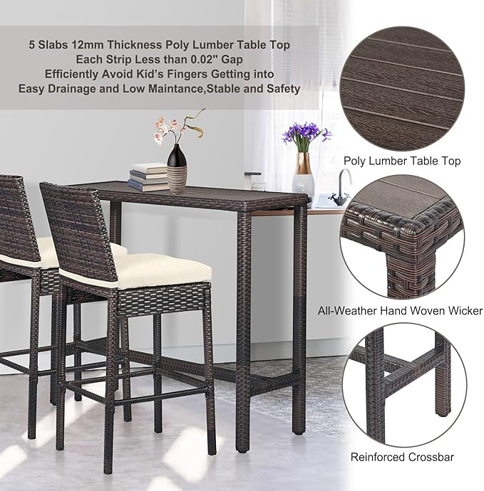 Outdoor Bar Table Patio Counter Height Table 45" Long Wicker High Top Pub Table Tall Console Table Rectangle Narrow with Adjustable Feet for Hot Tub Balcony Garden Outside Pool Deck Backyard Brown