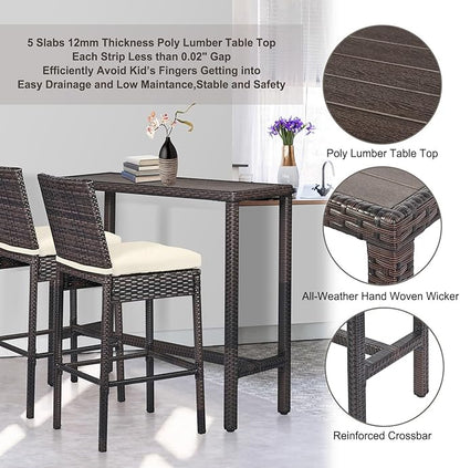 Outdoor Bar Table Patio Counter Height Table 45" Long Wicker High Top Pub Table Tall Console Table Rectangle Narrow with Adjustable Feet for Hot Tub Balcony Garden Outside Pool Deck Backyard Brown