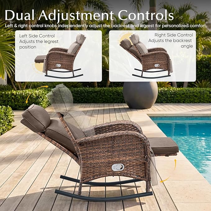 Belord 3 Piece Wicker Patio Furniture Set - Outdoor Swivel Rocker Recliner Chair with Adjustable Backrest & Footrest, All Weather Reclining Lounge Chair with Thick Cushion for Pool Deck Garden Grey