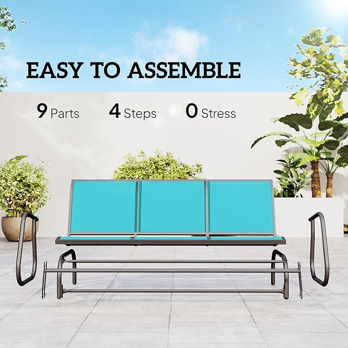 Outsunny 3-Person Patio Glider Bench, Outdoor Porch Glider Swing with 3 Seats, Breathable Mesh Fabric, Metal Frame, Blue - Photo 5