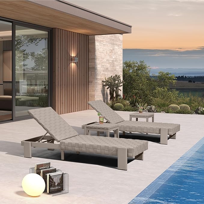 PURPLE LEAF Patio Chaise Lounge Modern Outdoor PU Leather Style Lounge Chair 4 Pieces with Adjustable Backrest Luxury Aluminum Chaise Lounge Chairs for Pool Garden Backyard Beach, Tapue