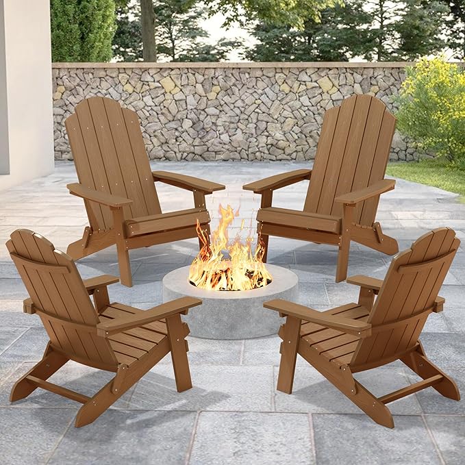 MXIMU Folding Adirondack Chair for Outdoor: Easy Assembly and Comfortable HIPS All-Weather Adirondack Chairs Set of 4 - Wooden Textured Patio Chair for Lawn Garden Deck Backyard Fire Pit