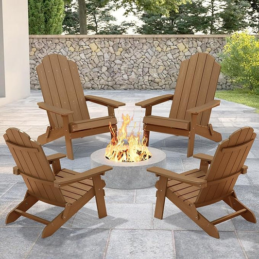 MXIMU Folding Adirondack Chair for Outdoor: Easy Assembly and Comfortable HIPS All-Weather Adirondack Chairs Set of 4 - Wooden Textured Patio Chair for Lawn Garden Deck Backyard Fire Pit