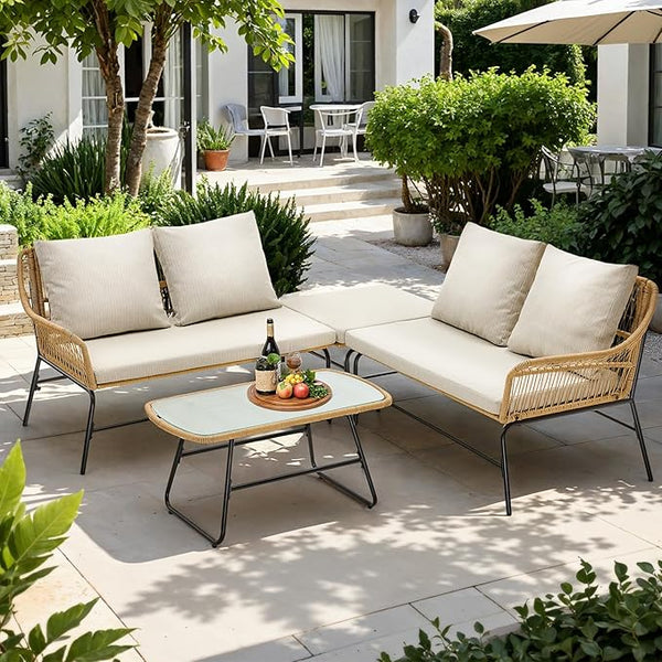 ONBRILL 4-Piece Outdoor Sectional Set, 4-Seats Wicker Patio Couch Sets with Cushion and Tempered Glass Coffee Table - Photo 1