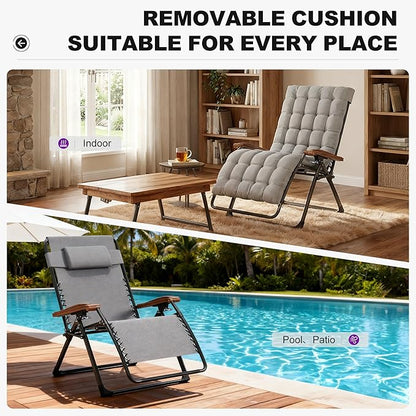 PURPLE LEAF Extra Wide Outdoor Reclining Chair Set of 2 Patio Zero Gravity Chaise Lounge Folding Chair with Removable Cushion Adjustable Headrest for Lawn Camping Beach Pool Grey