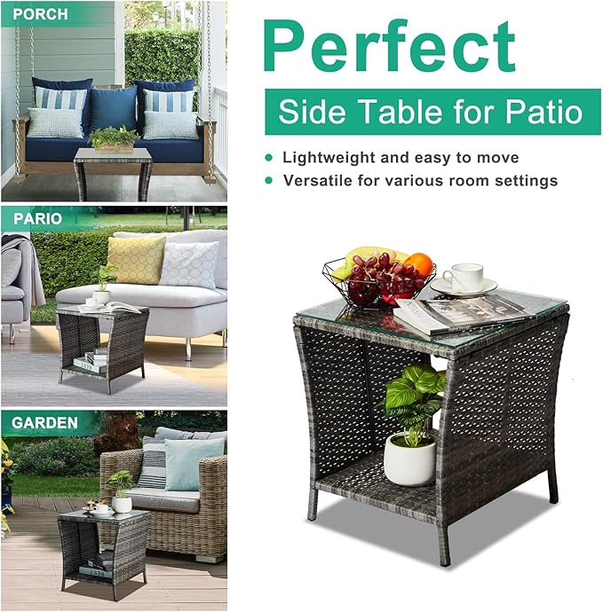 Wicker Rattan Side Table, Outdoor Square Rattan Coffee End Table with Tempered Glass Top and Storage for Patio Porch Lawn (Gray)
