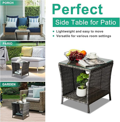 Outdoor Patio Wicker Side Table, Square End Table Bistro Coffee Table with Glass Top Storage Shelf for Porch Garden Backyard Rattan End Table Furniture with Storage (Light Grey)