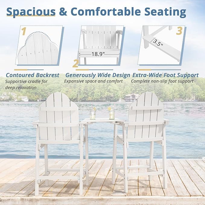 LUE BONA Tall Adirondack Chair Set of 2, All Weather HDPS Bar Height Adirondack Chair with Detachable Table & Umbrella Hole, Adirondack Barstools for Patio, Deck, Backyard & Commercial Use White