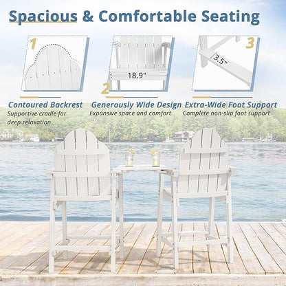 LUE BONA Tall Adirondack Chair Set of 2, All Weather HDPS Bar Height Adirondack Chair with Detachable Table & Umbrella Hole, Adirondack Barstools for Patio, Deck, Backyard & Commercial Use White