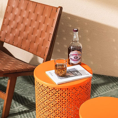 Glitzhome Outdoor Side Table Set of 2, Decorative Garden Stool for Patio Heavy Duty Metal Frame Accent Table Modern End Table, Glossy Orange