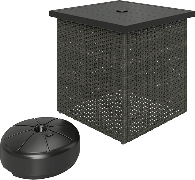 Outsunny All Weather Wicker Side Table with 1.5" Umbrella Hole, Square PE Rattan Outdoor End Table with Umbrella Base, UV-Resistant Frame, Storage Space for Patio, Garden, Poolside, Deck, Mixed-Brown